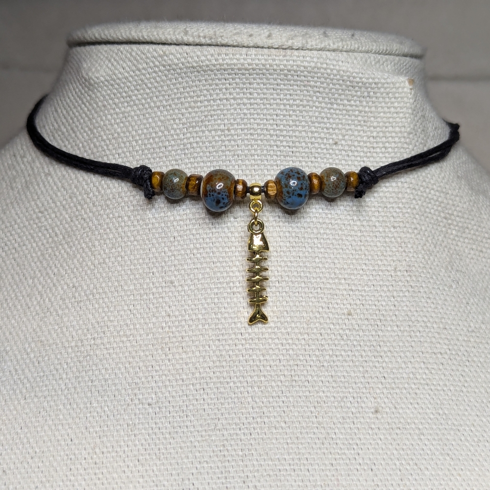 Tiny Fish Skeleton Gold Charm Necklace Ceramic Beaded Boho Hippie Choker